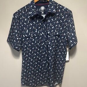 Blue Casual Button Down Shirt with Geometric Pattern